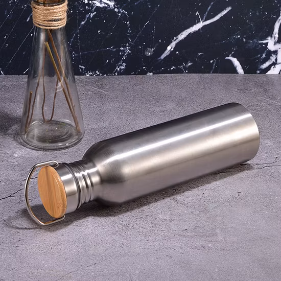 Botella de agua con tapa de bambú de 1000ml, de un sólo recinto, de acero inoxidable, sin plástico